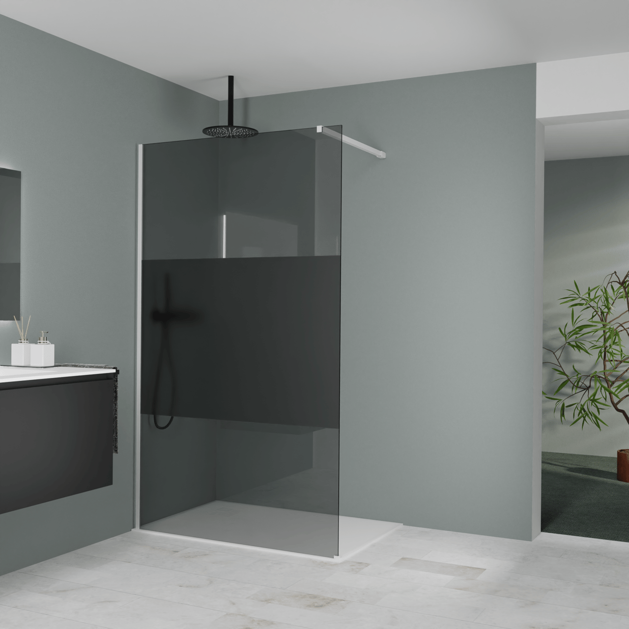 Balmani Modular Walk-In Dusche: 120 x 200 cm, Rauchglas mit mattiertem Streifen, inklusive Coating, Profil Weiß matt