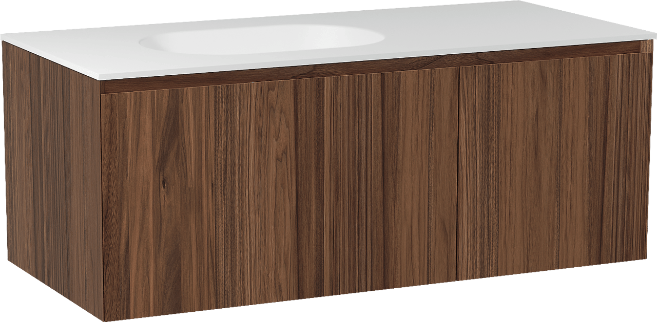 Balmani Idra hängendes Möbelstück Set: 120 x 55 cm, Nussbaum, mit Tablo Oval Waschtisch links, Solid Surface Weiß matt