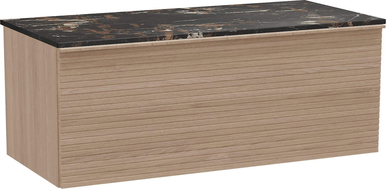 Balmani Forma hängendes Möbelstück Set: 120 x 55 cm, Naturbelassene Eiche, mit Stretto Einzel Waschtischplatte, Marmor, Portoro Gold, Horizontale symmetrische gerade Rippe