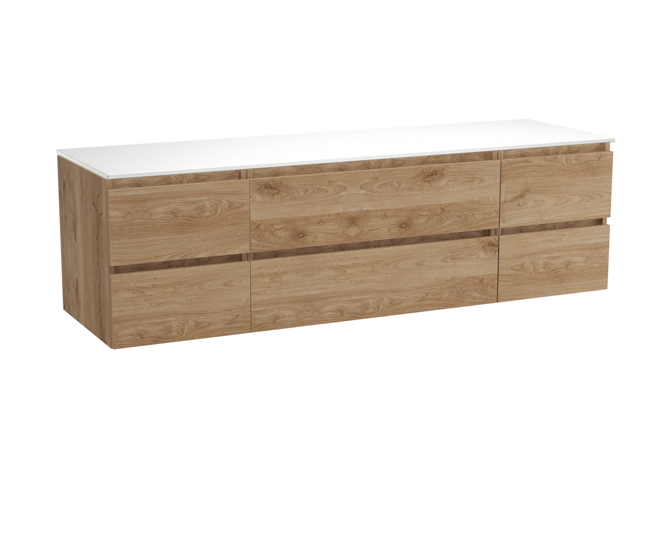 Balmani Lucida zwevend badkamermeubel 180 x 55 cm ruwe eik met Stretto enkel of dubbel tablet in solid surface mat wit