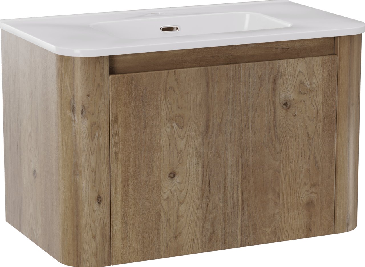 Storke Soft meuble salle de bains suspendu 80 x 46 cm chêne brut avec Kera Soft plan simple en porcelaine blanc brillant