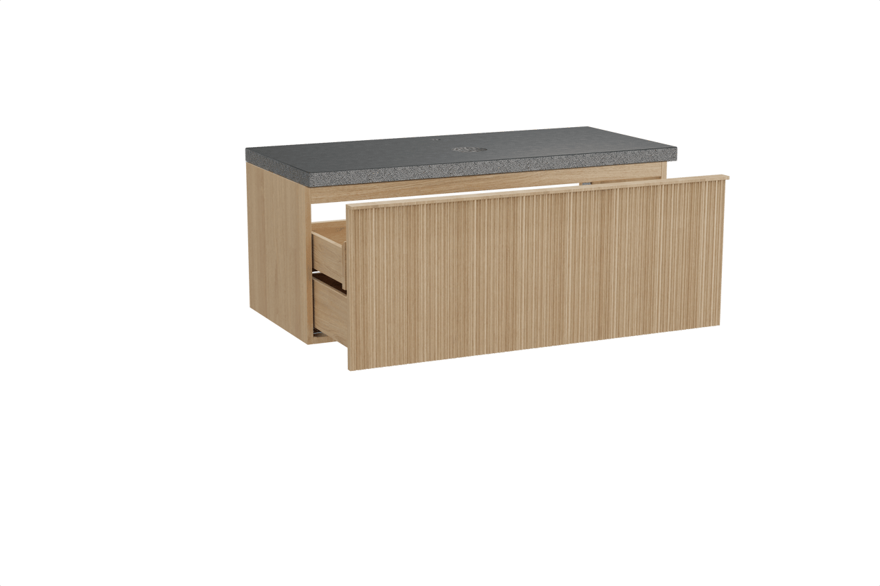 Balmani Forma meuble salle de bains suspendu 120 x 55 cm chêne naturel avec Rock tablette simple en granit noir, Nervure circulaire asymétrique verticale