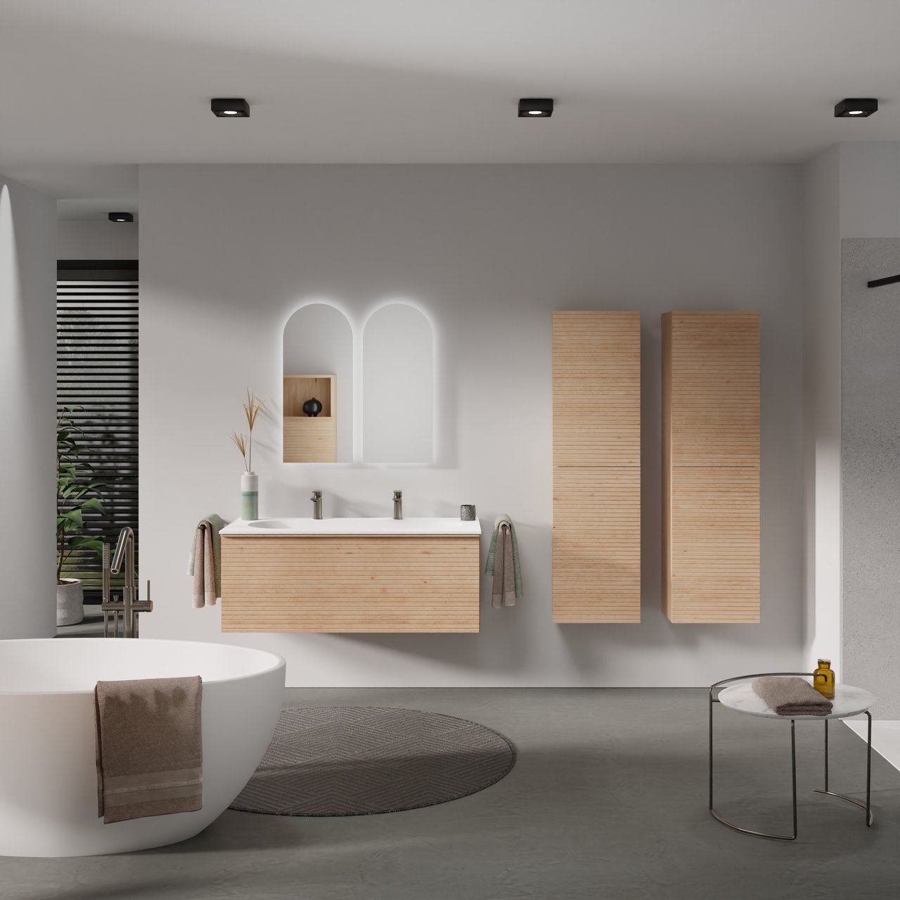 Balmani Forma meuble salle de bains suspendu 120 x 55 cm chêne naturel avec Tablo Oval lavabo simple pour 2 trous de robinet en solid surface blanc mat, Nervure droite symétrique horizontale