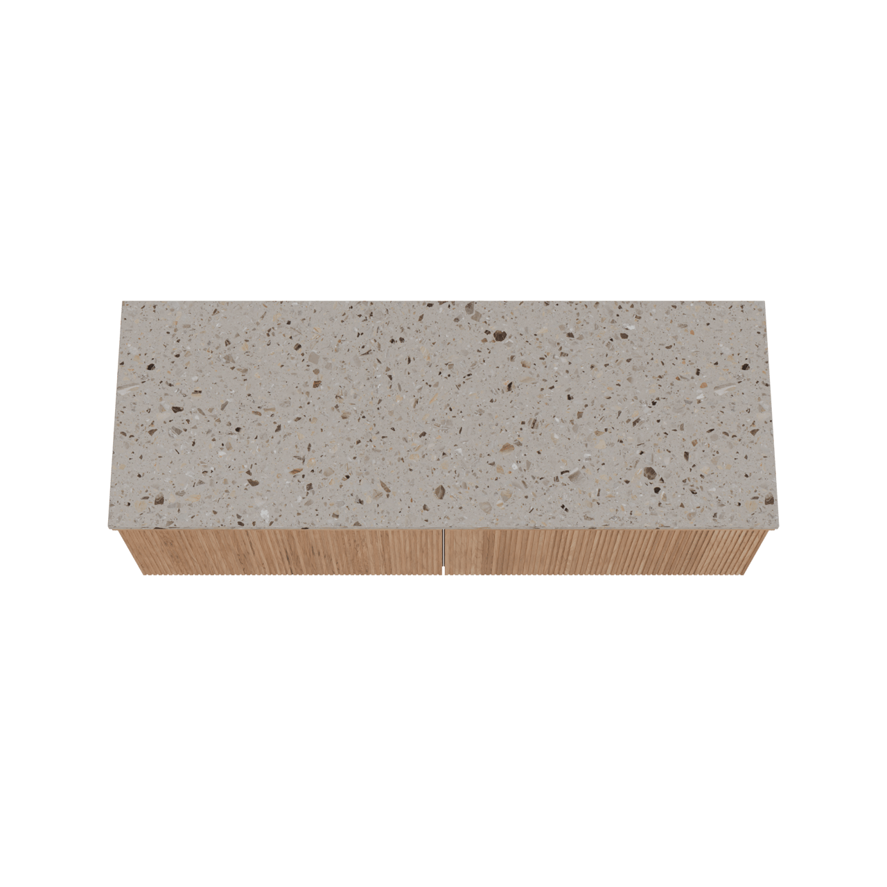 Balmani Forma hängendes Möbelstück Set: 150 x 55 cm, Teak, mit Stretto Einzel- oder Doppel Waschtischplatte, Terrazzo in Greige, Vertikale symmetrische gerade Rippe