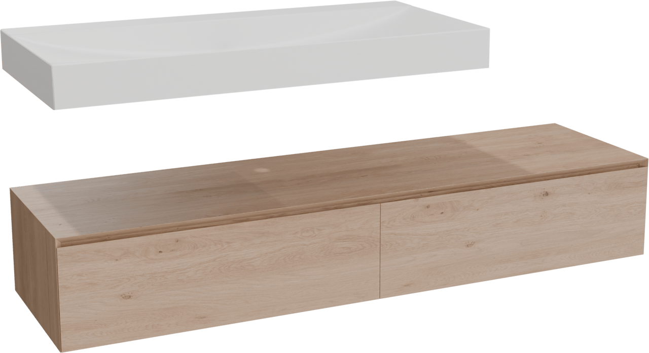 Balmani Mitra Elements hängendes Möbelstück Set: 180 x 55 cm, Naturbelassene Eiche mit Wave Einzelwaschtisch für 2 Armaturenlöcher 120 cm, Solid Surface Weiß matt