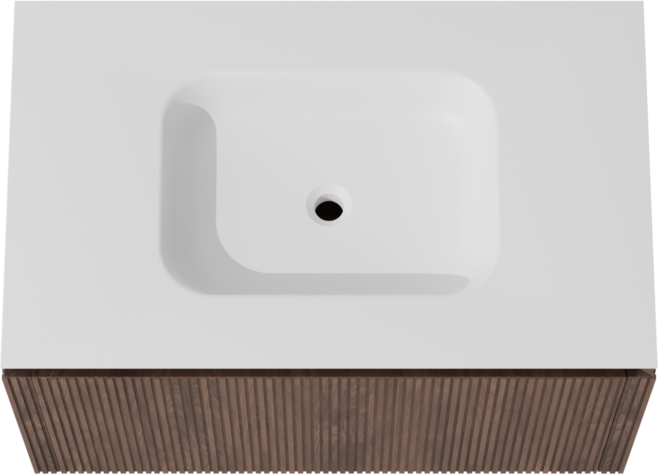 Balmani Eclips meuble salle de bains suspendu 90 x 55 cm Noyer américain avec Eclips plan simple en Solid Surface blanc mat, Nervure droite symétrique verticale