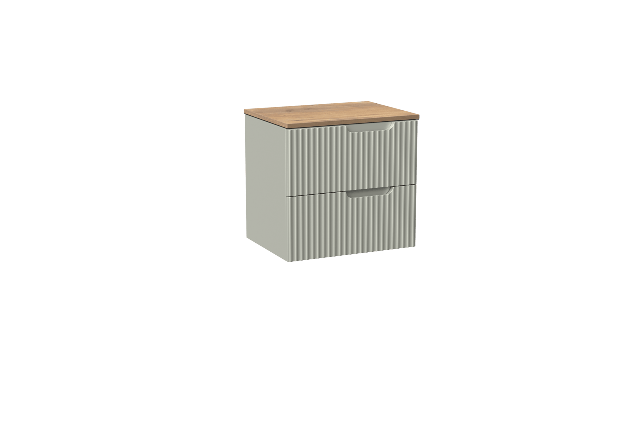 Linie Ribbo hängendes Möbelstück Set: 60 x 46 cm, Greige, mit Lado Einzel Waschtischplatte, Melamin, Naturbelassene Eiche, Vertikale symmetrische runde Rippe