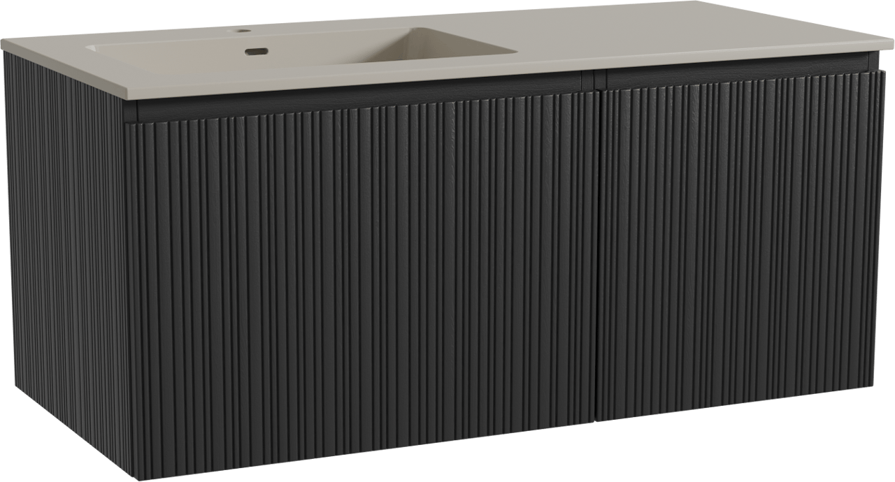 Storke Ribs zwevend badmeubel 110 x 52 cm zwart eiken met Diva asymmetrisch linkse wastafel in top solid zijdegrijs, Verticale asymmetrische rechte ribbel