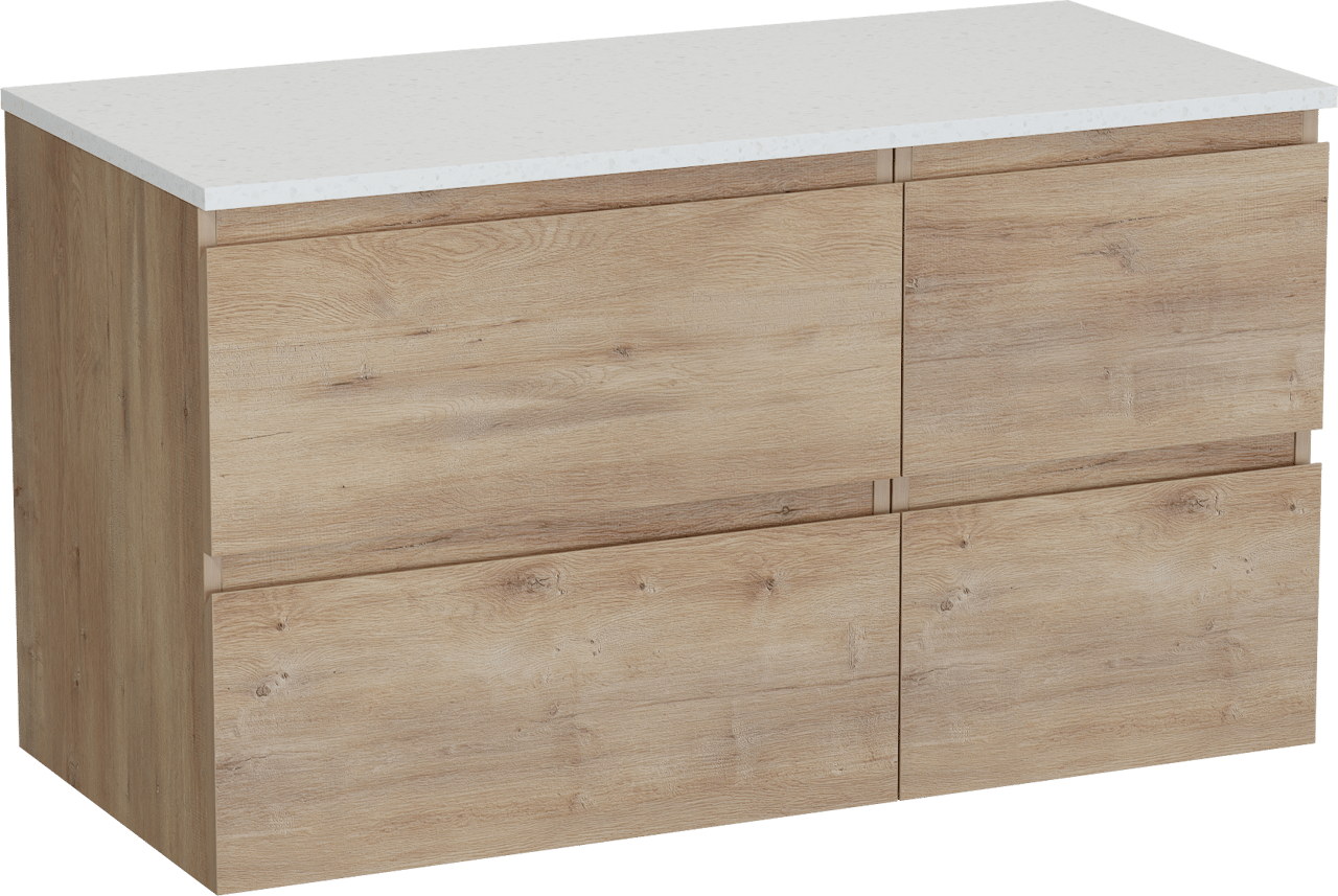 Linie Lado hängendes Möbelstück Set: 100 x 46 cm, Naturbelassene Eiche, mit Lado Einzel- oder Doppel Waschtischplatte, Melamin in Terrazzo Weiß