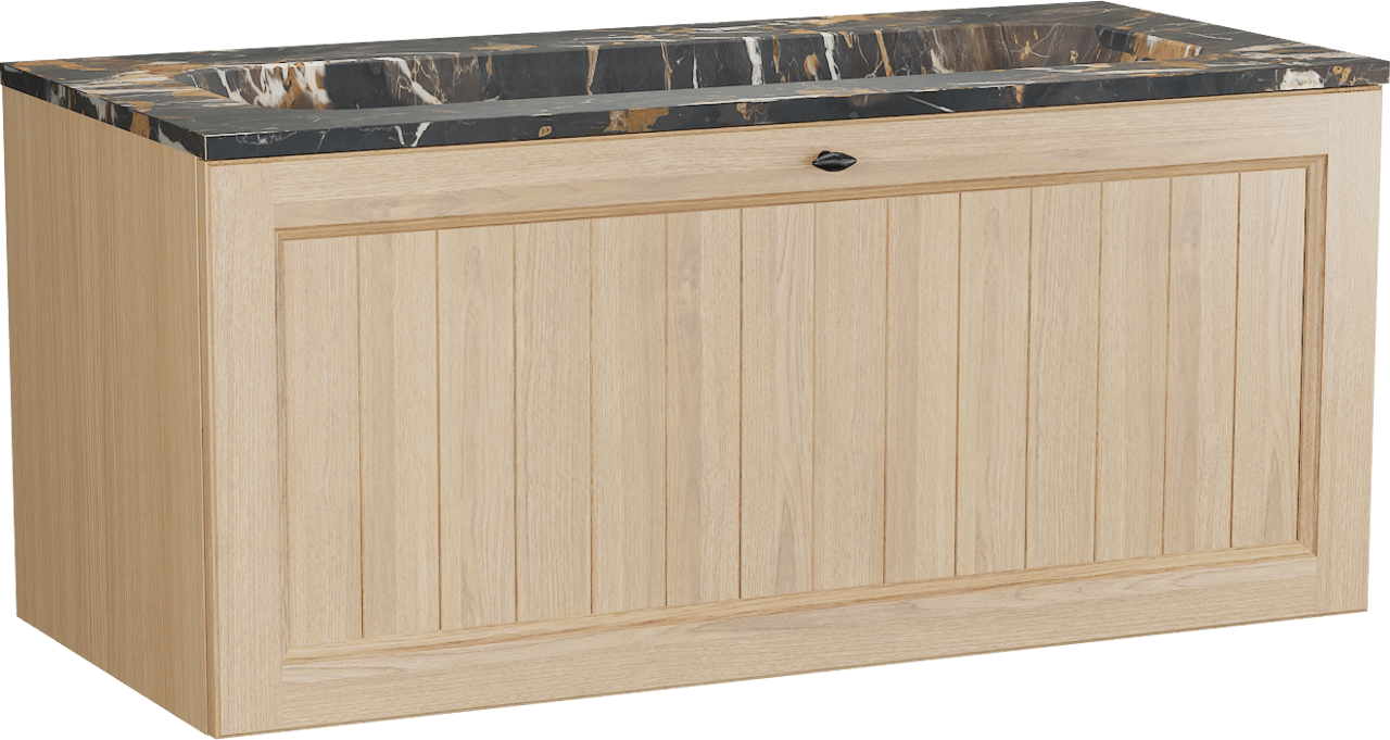 Balmani Lemon zwevend badkamermeubel 120 x 55 cm, fineer natuur eik met Tablo Arcato enkele wastafel voor 2 kraangaten in portoro gold