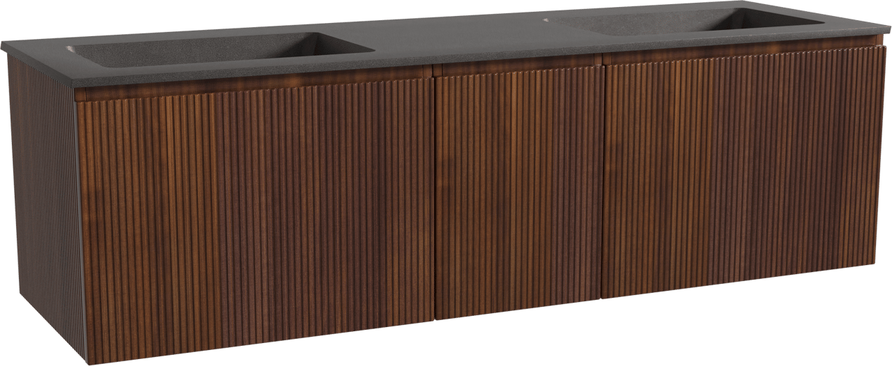 Storke Ribs meuble salle de bains suspendu 165 x 52 cm noyer avec Scuro double vasque en quartz noir mat, Nervure droite symétrique verticale