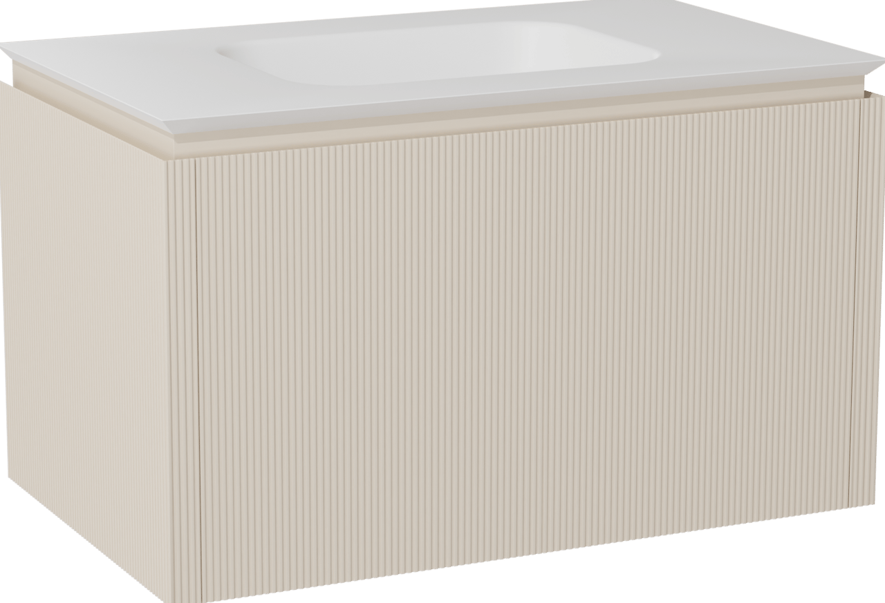 Balmani Eclips meuble salle de bains suspendu 90 x 55 cm Sandbeige avec Eclips plan simple en Solid Surface blanc mat, Nervure droite symétrique verticale