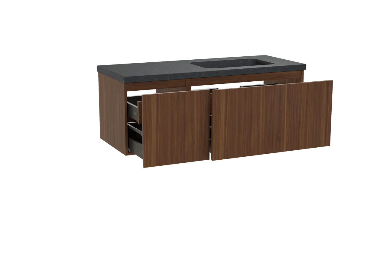 Balmani Sfera hängendes Möbelstück Set: 135 x 55 cm, Amerikanischer Nussbaum, mit Napoli Waschtisch rechts, Schwarzes Granit