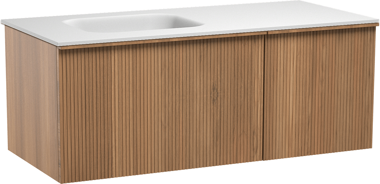 Balmani Forma hängendes Möbelstück Set: 120 x 55 cm, Teak, mit Tablo Arcato Waschtisch links, Solid Surface, Weiß matt, Vertikale symmetrische gerade Rippe