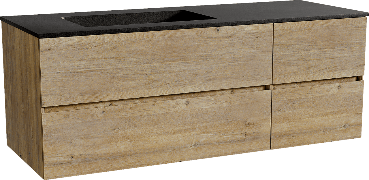 Storke Edge zwevend badmeubel 140 x 52 cm ruw eiken met Scuro asymmetrisch linkse wastafel in kwarts mat zwart