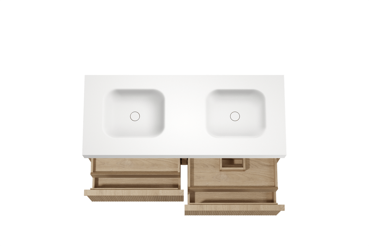 Balmani Forma meuble salle de bains suspendu 135 x 55 cm chêne naturel avec Arcato double vasque en solid surface blanc mat, Nervure droite symétrique verticale