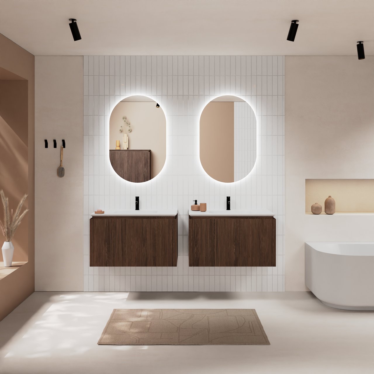 Balmani Eclips meuble salle de bains suspendu 90 x 55 cm Noyer américain avec Eclips plan simple en Solid Surface blanc mat, Nervure droite symétrique verticale