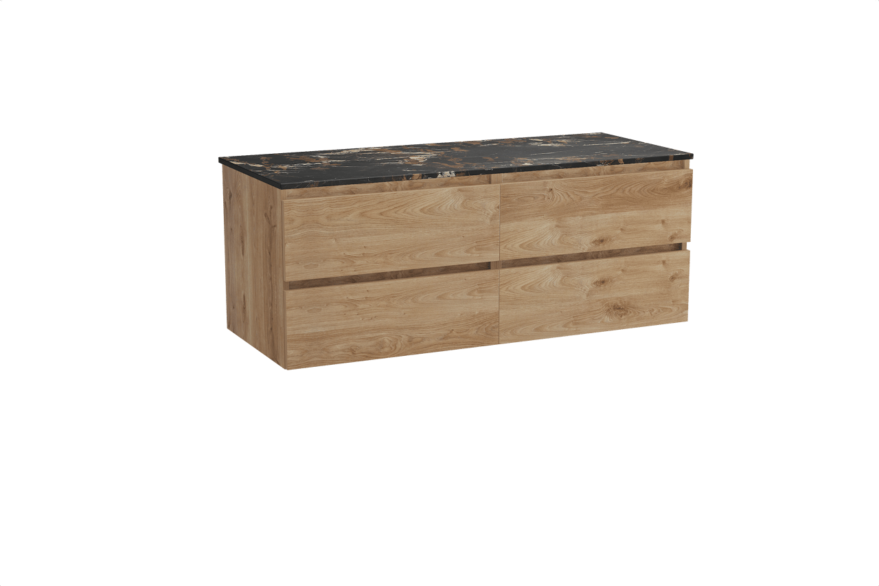 Balmani Lucida meuble salle de bains suspendu 135 x 55 cm chêne brut avec Stretto tablette simple ou double en marbre portoro gold