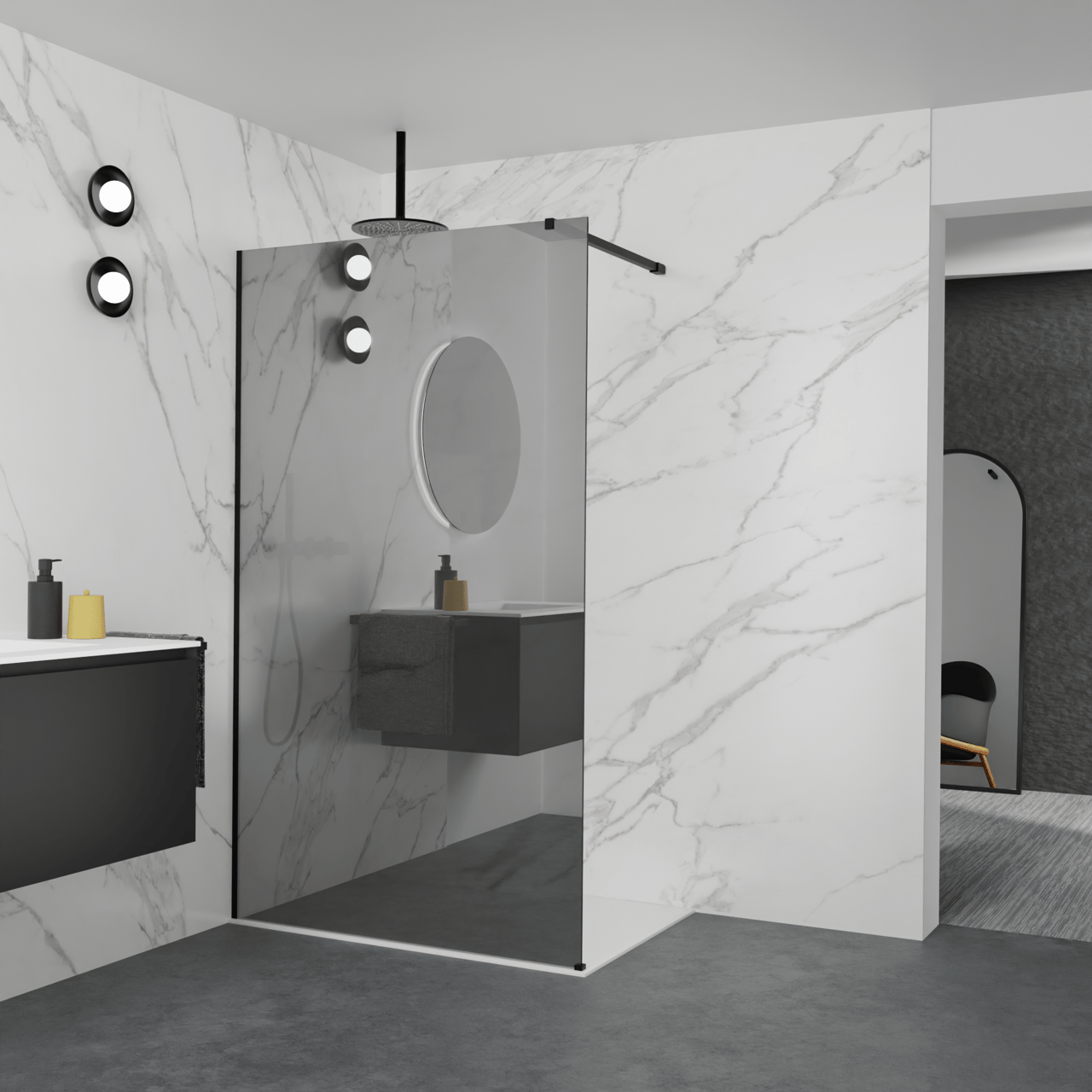 Balmani Modular Walk-In Dusche: 120 x 200 cm, Reflex-Spiegelglas, inklusive Coating, Profil Schwarz matt