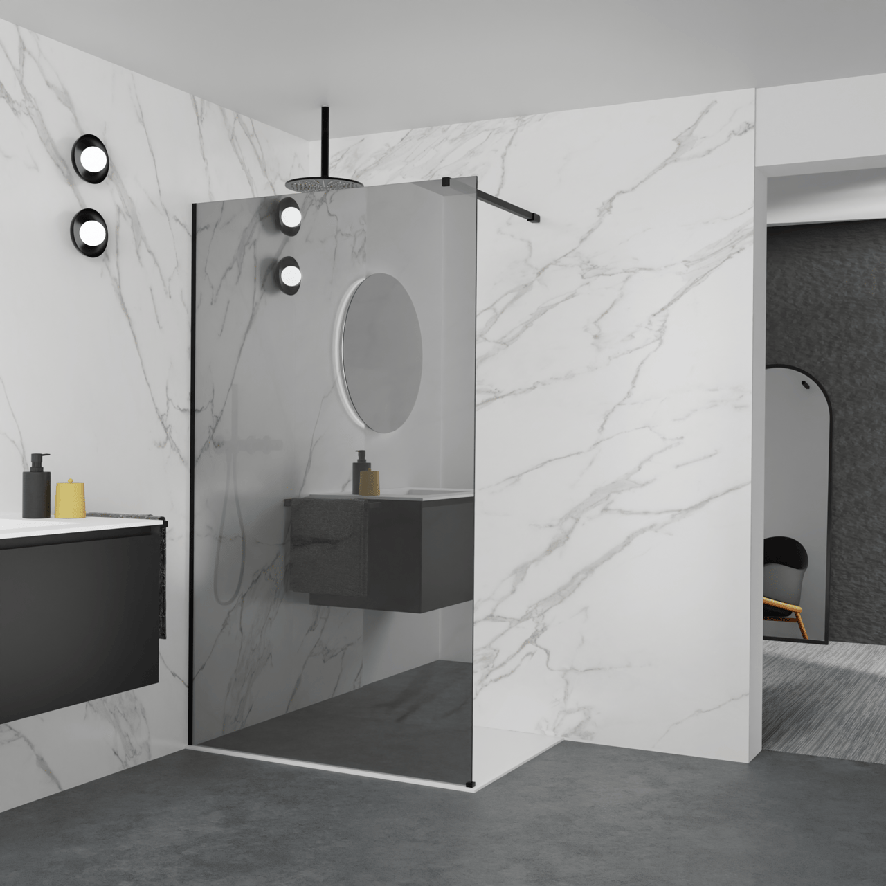 Balmani Modular Walk-In Dusche: 120 x 200 cm, Reflex-Spiegelglas, inklusive Coating, Profil Schwarz matt