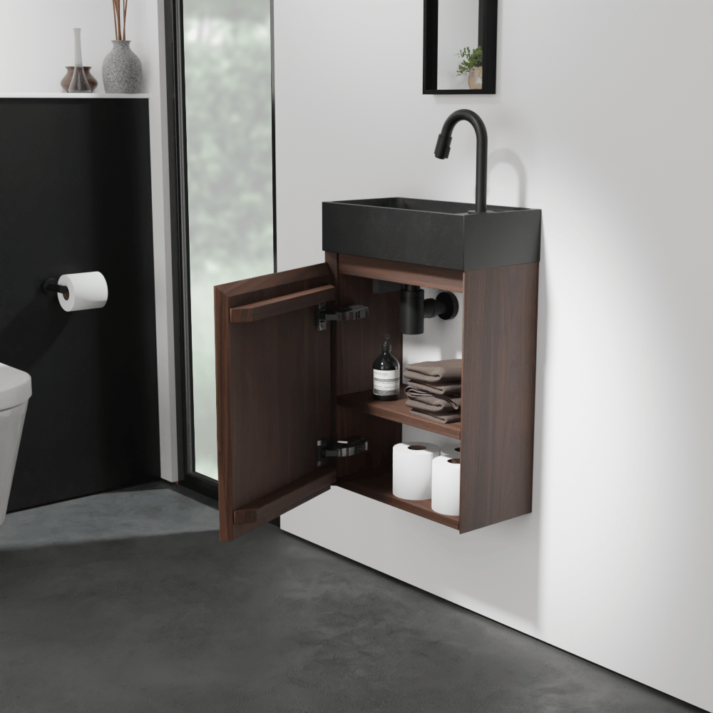 Balmani Mitra hängendes WC-Möbel-Set, 42 x 21 cm, amerikanischer Nussbaum, mit Dama Waschtisch in poliertem Granit