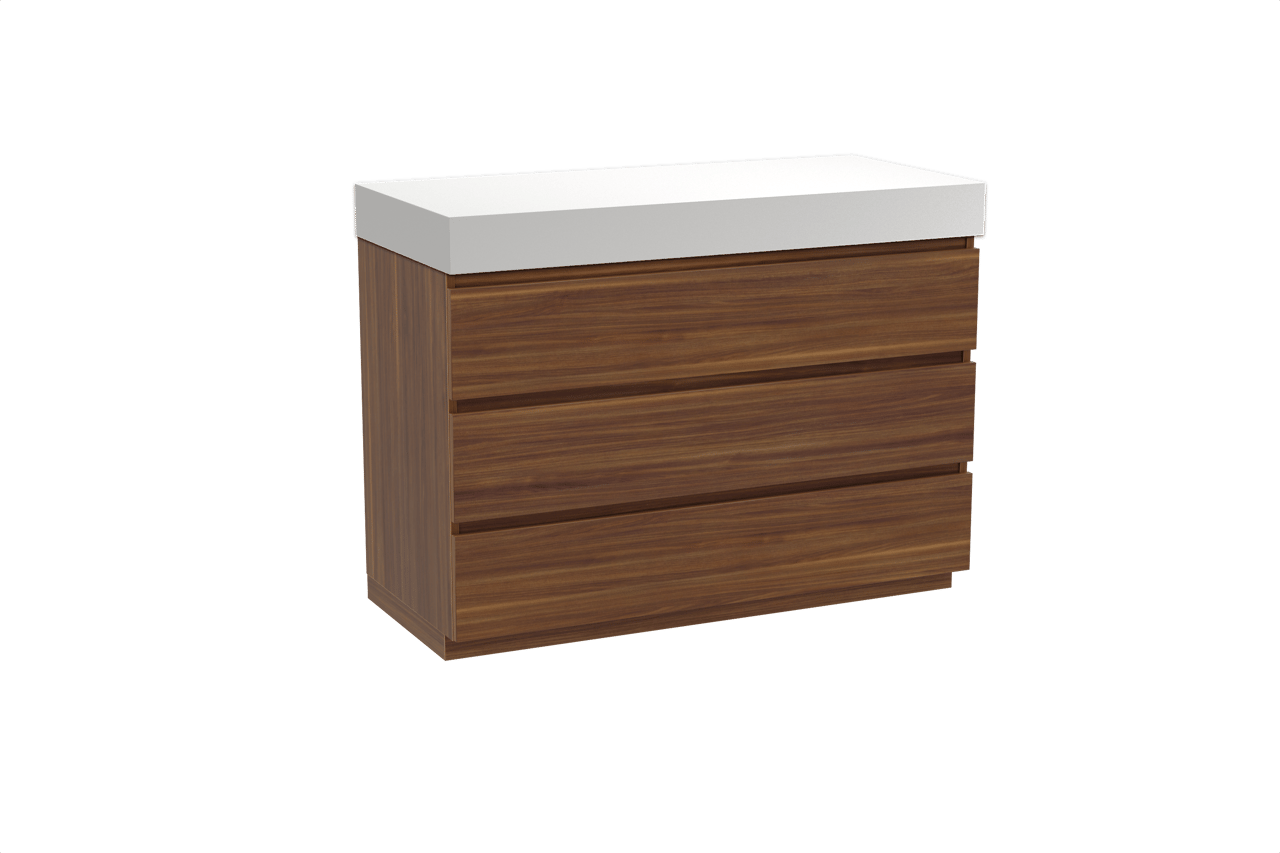 Balmani Lucida staand badkamermeubel 120 x 55 cm amerikaanse notelaar met Dominus enkel of dubbel tablet in solid surface mat wit