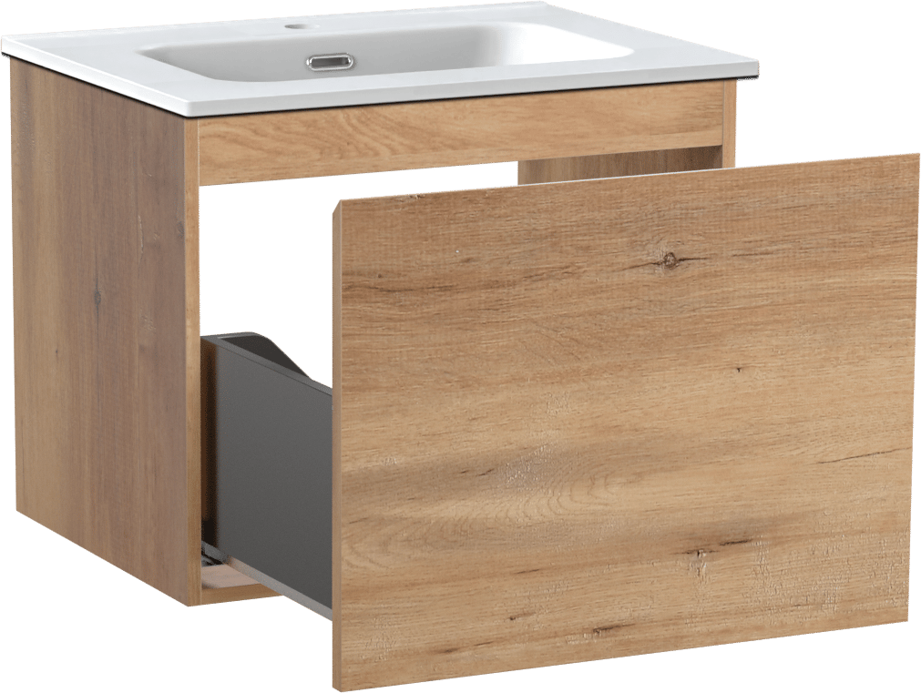 Linie Lado zwevend badmeubel 60 x 46 cm naturel eiken met Baro enkele wastafel in porselein mat wit