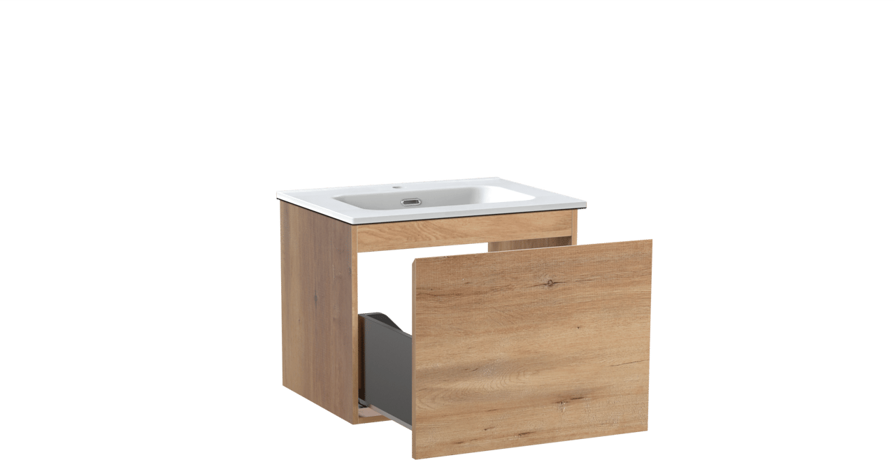 Linie Lado hängendes Möbelstück Set: 60 x 46 cm, Naturbelassene Eiche, mit Baro Einzelwaschtisch, Porzellan Weiß matt
