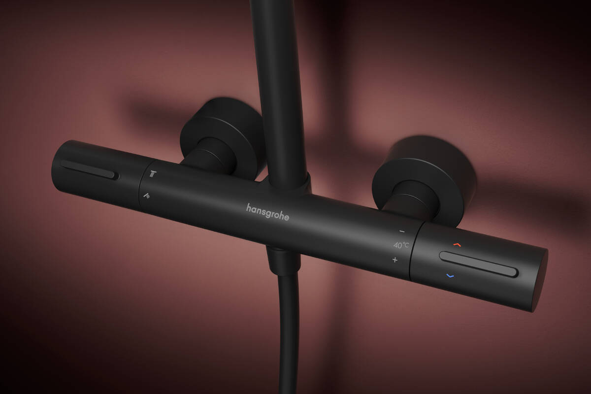 Hansgrohe Raindance Alive S Puro Showerpipe Duschsystem 300 1jet mit Ecostat Element Thermostat, Schwarz Matt