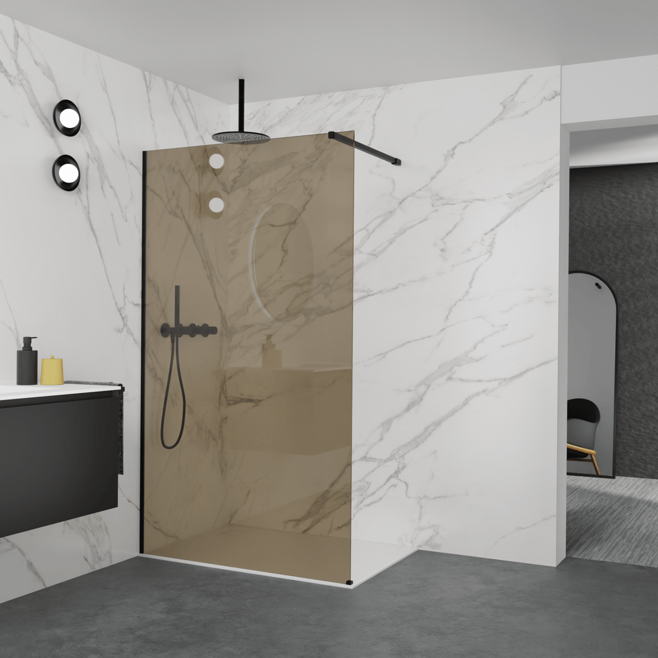 Balmani Modular inloopdouche: 120 x 200 cm, Brons glas met coating, Mat zwarte profielen