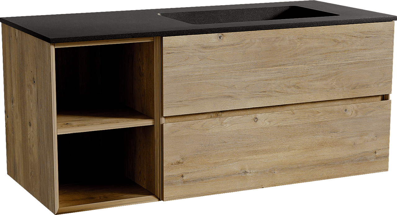 Storke Edge zwevend badmeubel 120 x 52 cm ruw eiken met Scuro asymmetrisch rechtse wastafel in kwarts mat zwart