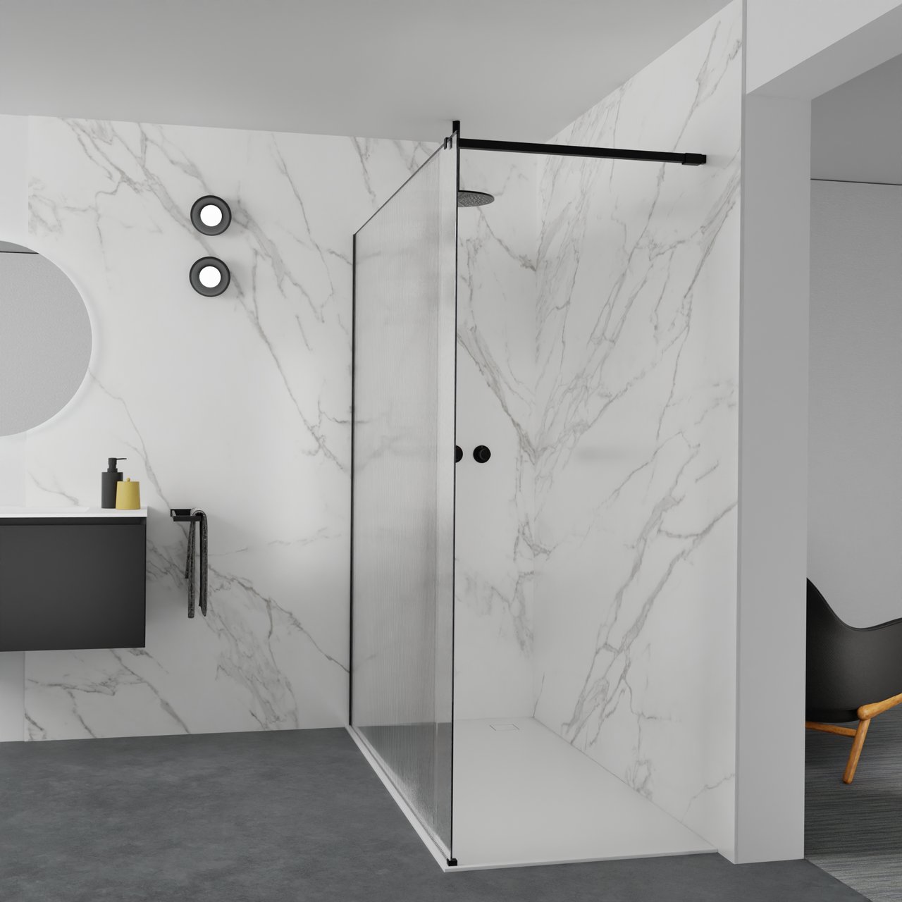 Balmani Modular inloopdouche: 180 x 200 cm, Ribs met coating, Mat zwarte profielen