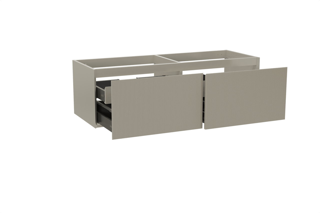 Balmani Fila zwevend badkamermeubel 150 x 55 cm steengrijs met Tablo Arcato dubbele wastafel in solid surface steengrijs, Verticale symmetrische rechte ribbel