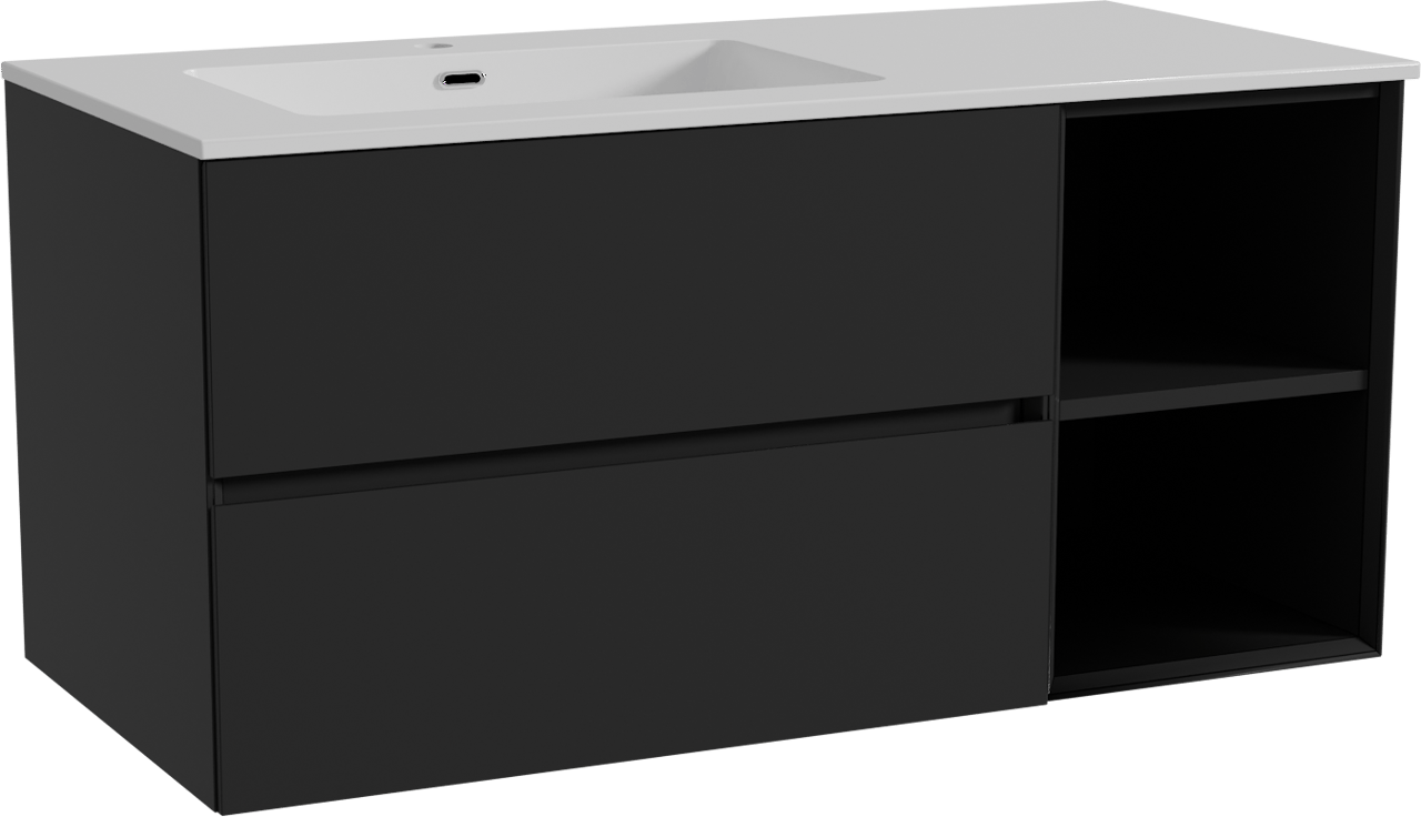 Storke Edge zwevend badmeubel 110 x 52 cm mat zwart met Diva asymmetrisch linkse wastafel in composietmarmer hoogglans wit
