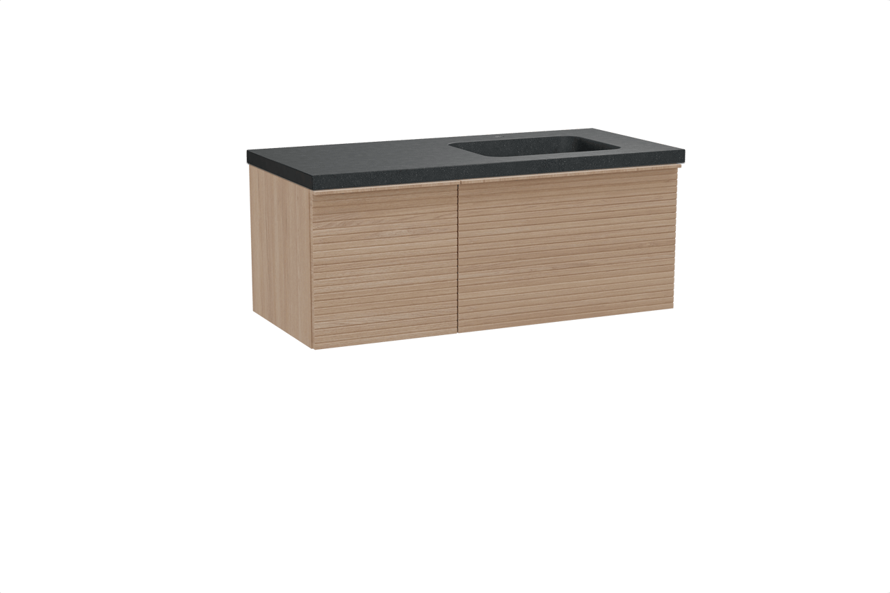 Balmani Forma zwevend badkamermeubel 120 x 55 cm natuur eik met Napoli asymmetrisch rechtse wastafel in graniet zwart, Horizontale symmetrische rechte ribbel