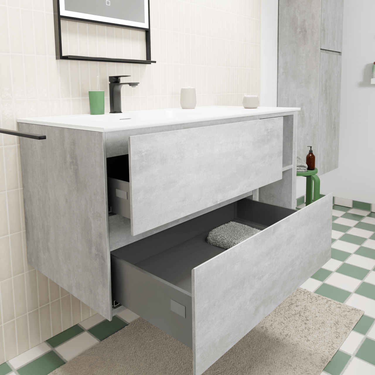 Storke Edge hängendes Möbelstück Set: 110 x 52 cm, Beton dunkelgrau, mit Mata Waschtisch links, Solid Surface Weiß matt