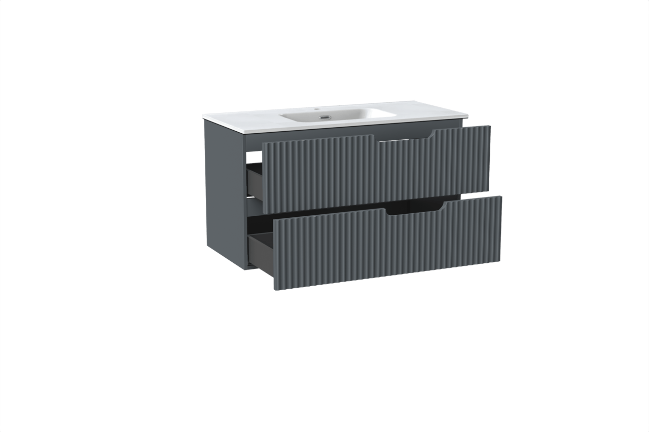 Linie Ribbo meuble salle de bains suspendu 100 x 46 cm bleu anthracite avec Baro plan simple en porcelaine blanc brillant, Nervure circulaire symétrique verticale