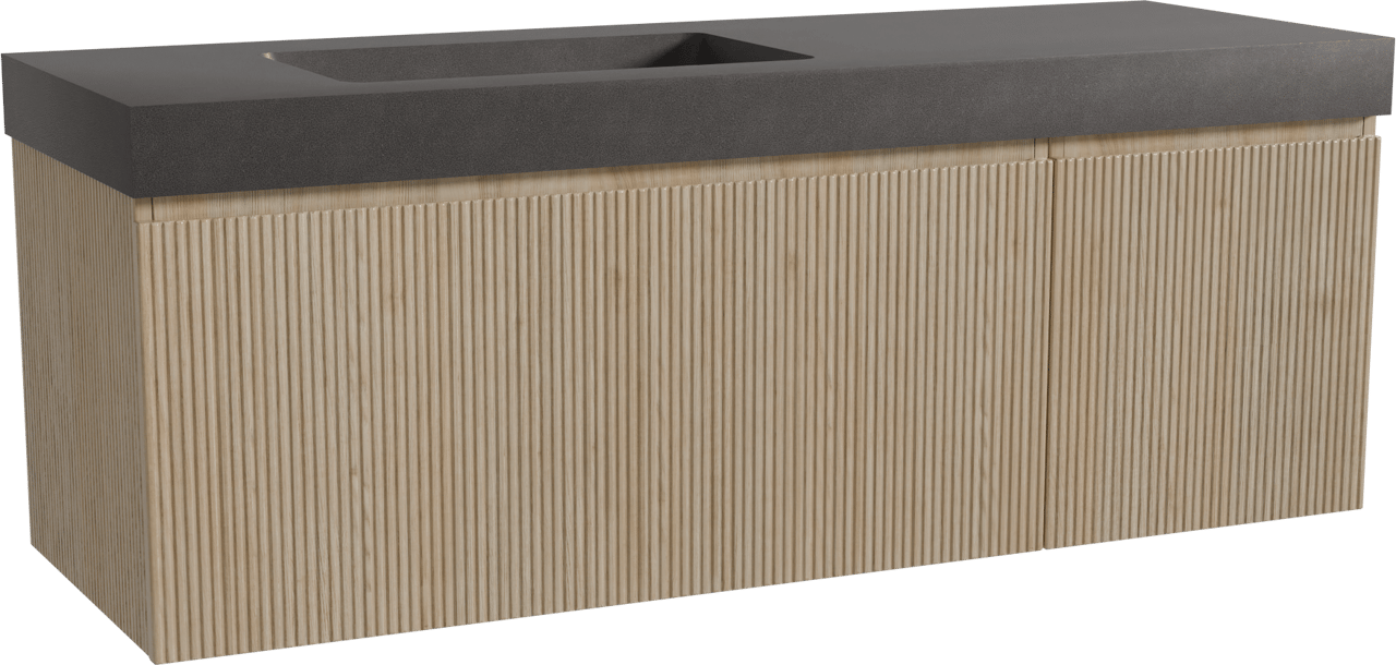 Storke Ribs meuble salle de bains suspendu 150 x 52 cm chêne brut avec Scuro High plan vasque asymétrique à gauche en quartz noir mat, Nervure droite symétrique verticale