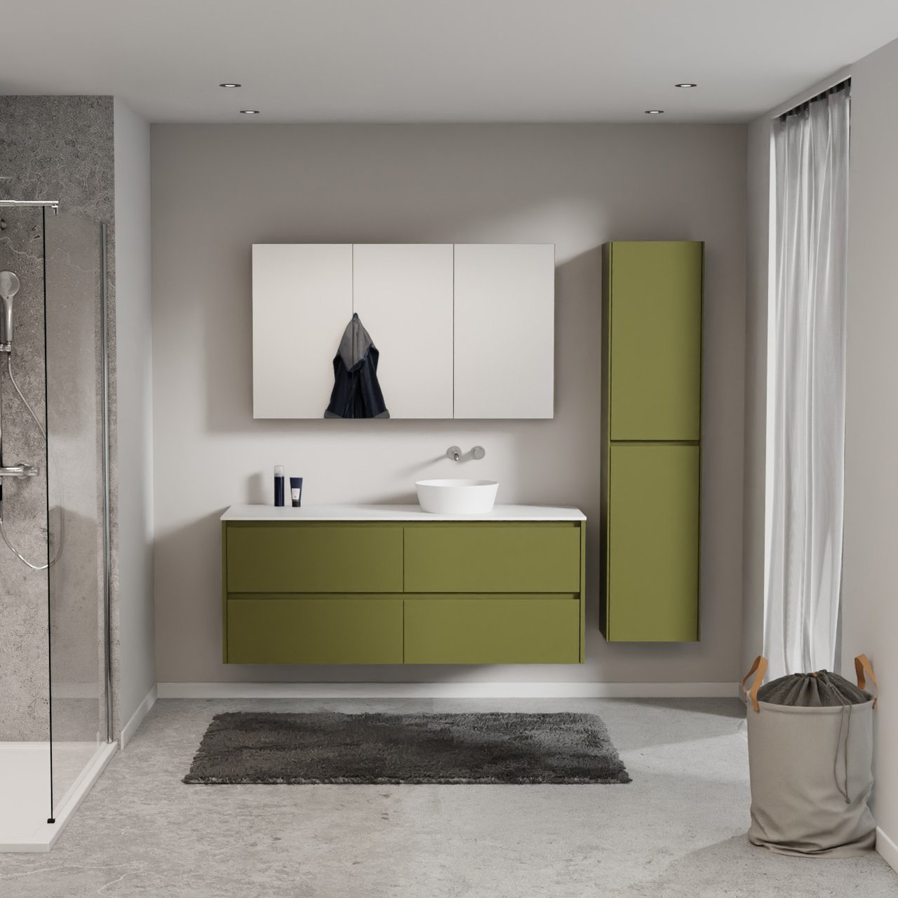 Storke Seda meuble salle de bains suspendu 150 x 52 cm vert olive avec Tavola tablette simple ou double en solid surface blanc mat