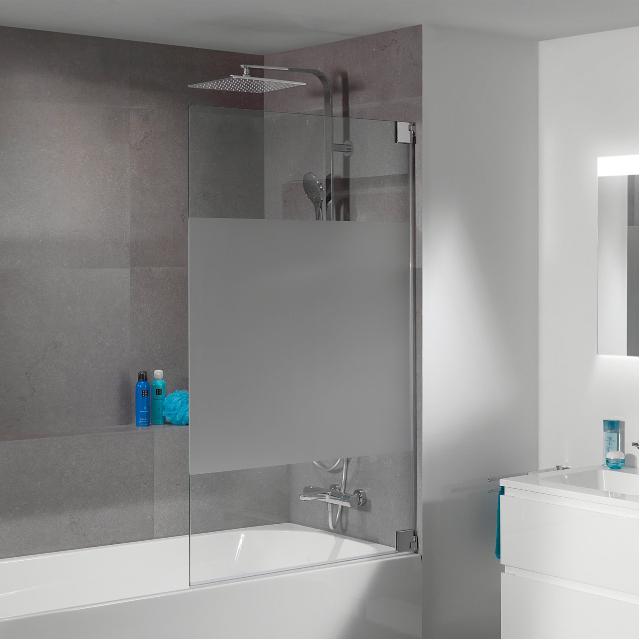 Luca Varess Pure enkele badwand 90 cm helder glas met matte strook glanzend chroom profiel