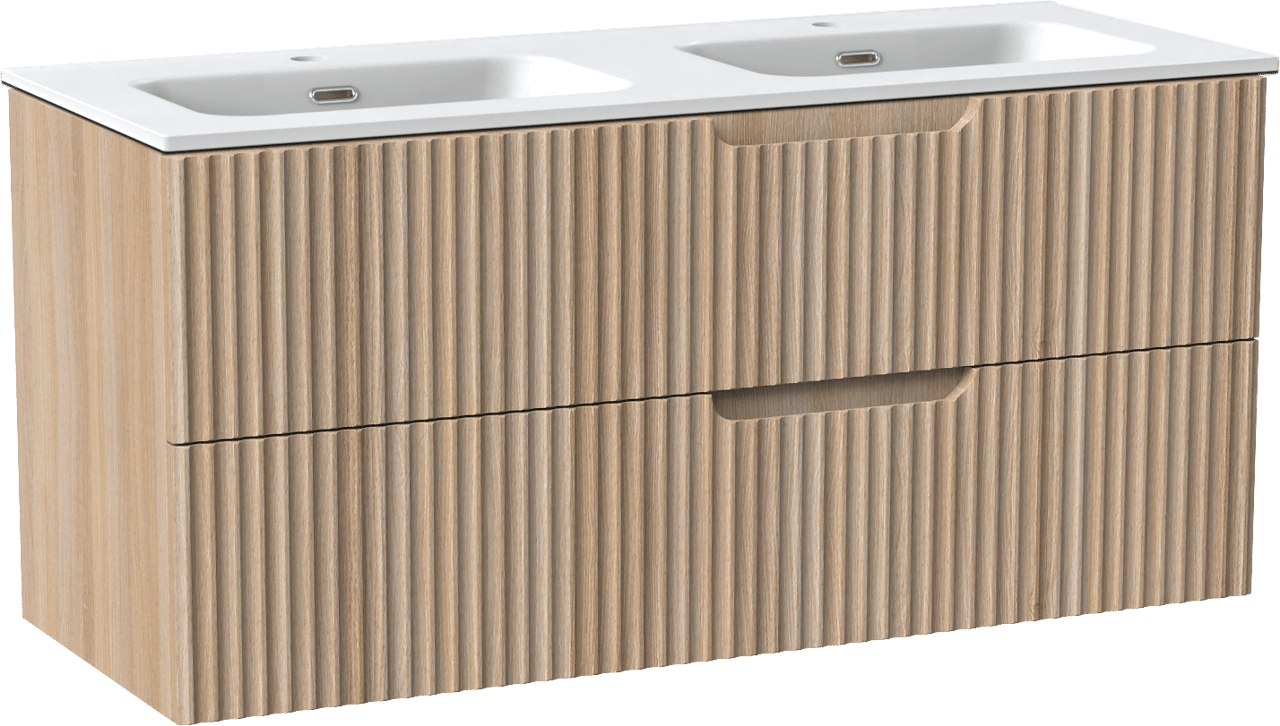 Linie Ribbo hängendes Möbelstück Set: 120 x 46 cm, Helle Eiche, mit Baro Doppelwaschtisch, Porzellan, Weiß matt, Vertikale symmetrische runde Rippe