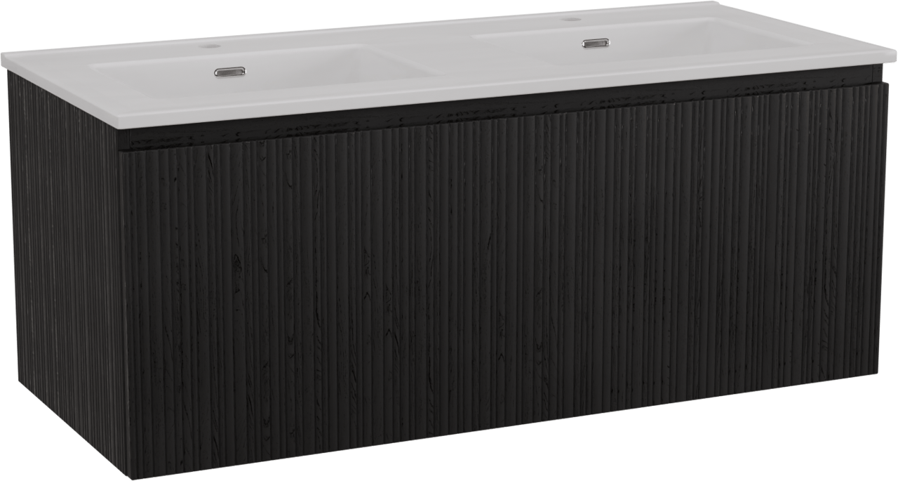 Storke Ribs meuble salle de bains suspendu 120 x 52 cm chêne noir avec Kera double vasque en céramique blanc mat