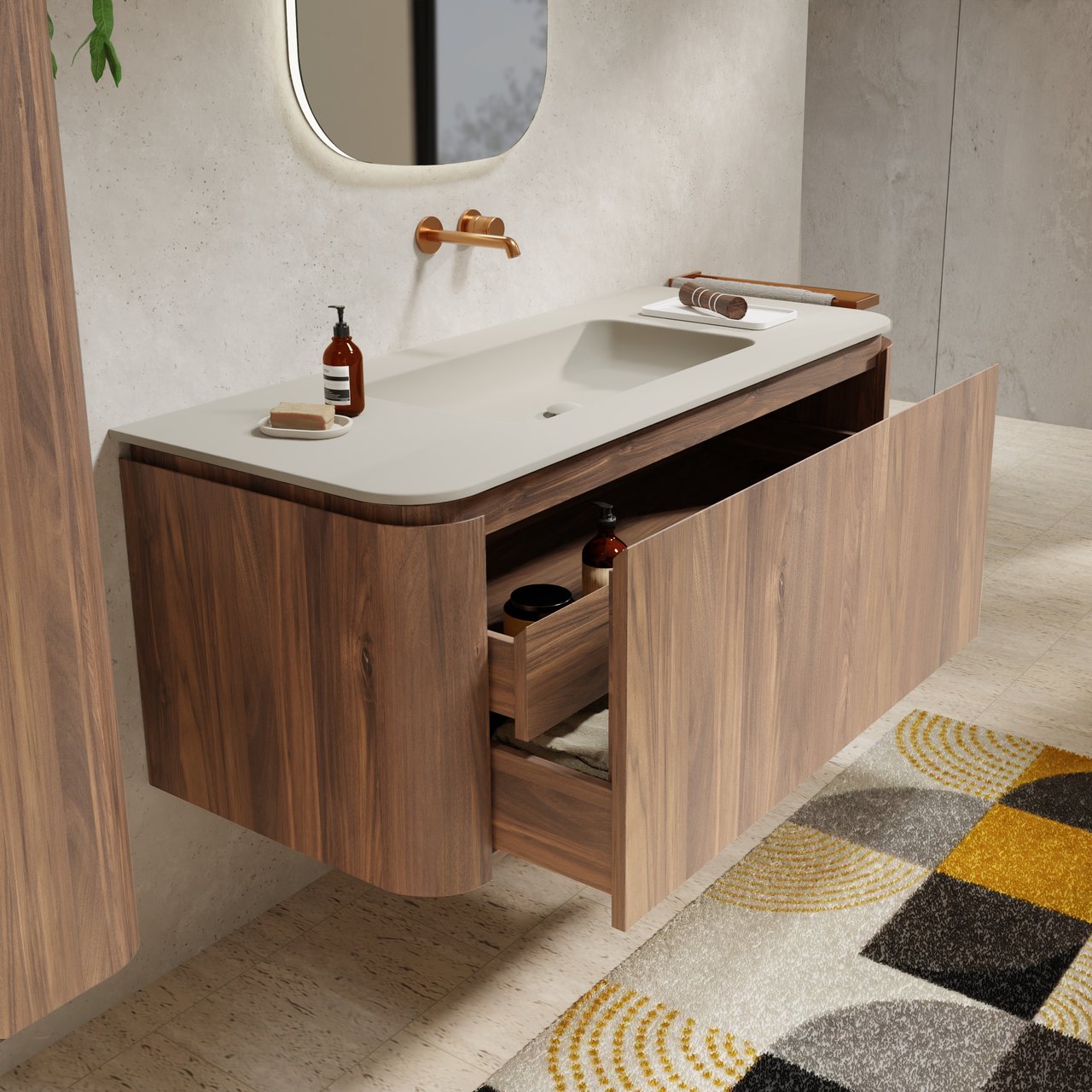 Balmani Moon hängendes Möbelstück Set: 130 x 55 cm, Amerikanischer Nussbaum, mit Moon Einzelwaschtisch, Top Solid Seidengrau