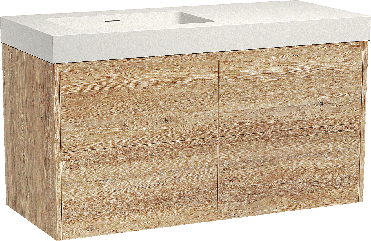 Storke Seda hängendes Möbelstück Set: 120 x 52 cm, Rohe Eiche, mit Mata High Waschtisch links, Solid Surface Weiß matt