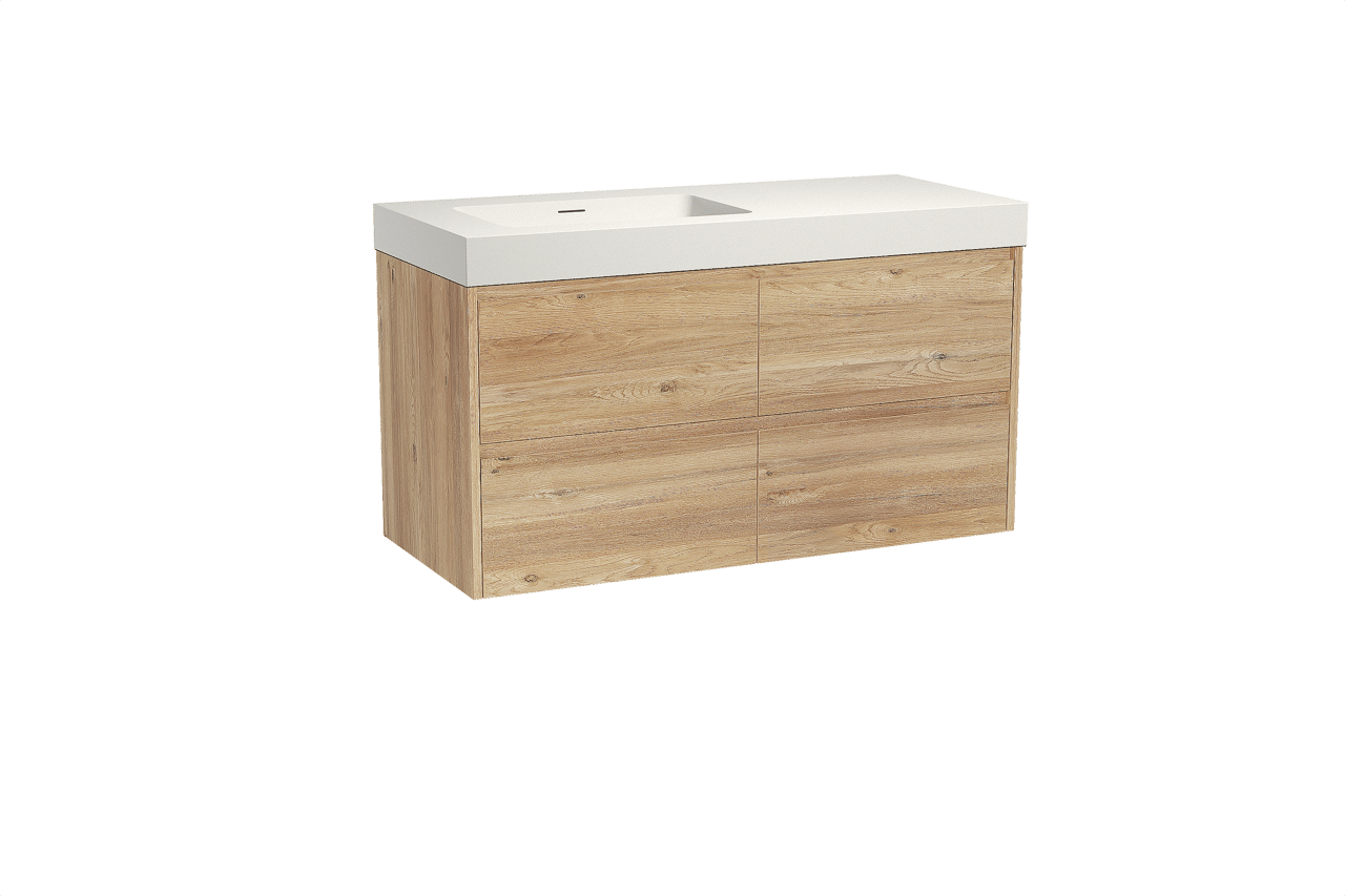 Storke Seda zwevend badkamermeubel 120 x 52 cm ruwe eik met Mata High asymmetrisch linkse wastafel in solid surface mat wit