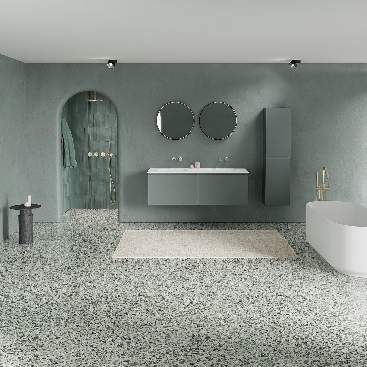 Balmani Sfera zwevend badmeubel 150 x 55 cm forest met Tablo Arcato dubbele wastafel in solid surface mat wit