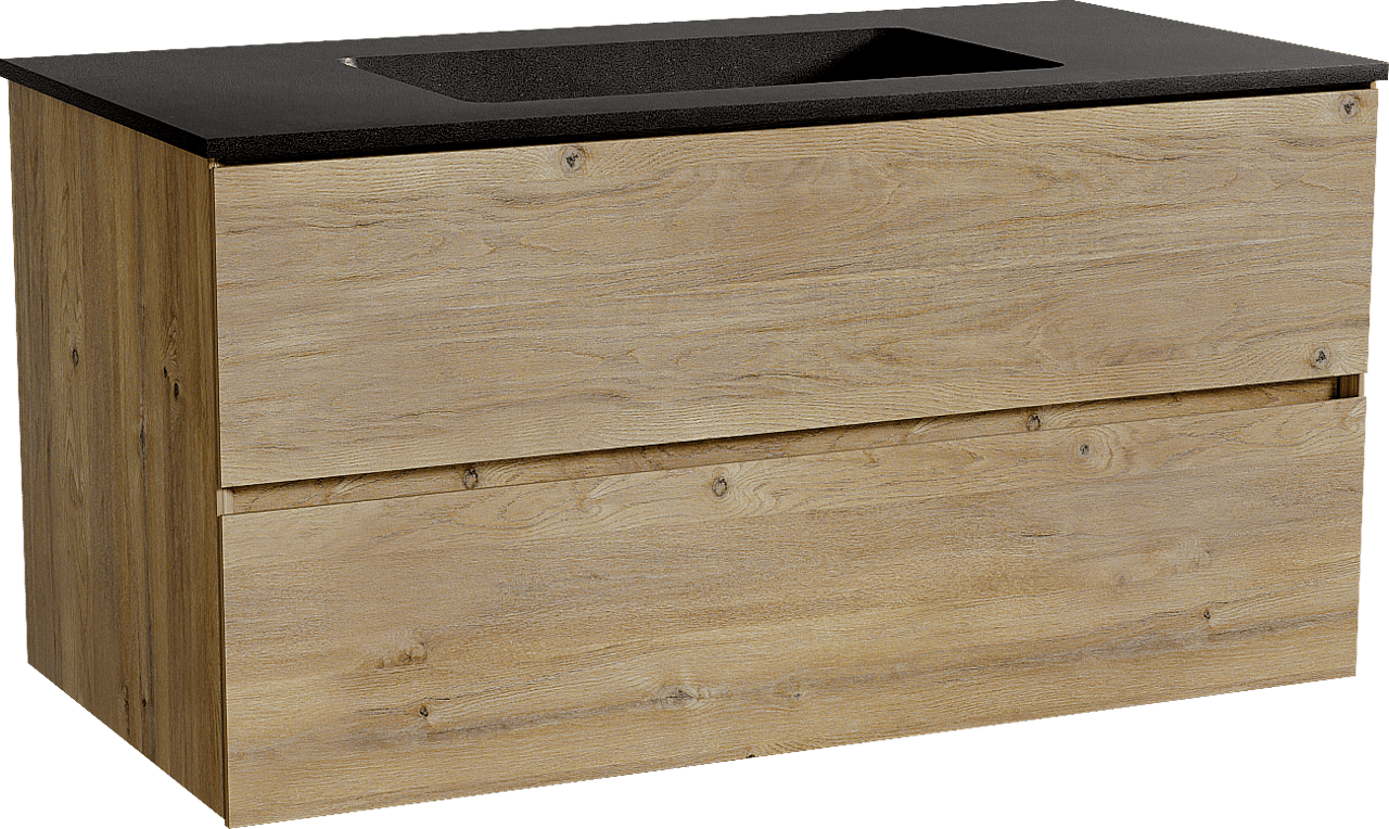 Storke Edge hängendes Möbelstück Set: 105 x 52 cm, Rohe Eiche, mit Scuro Einzelwaschtisch, Quarz Schwarz matt