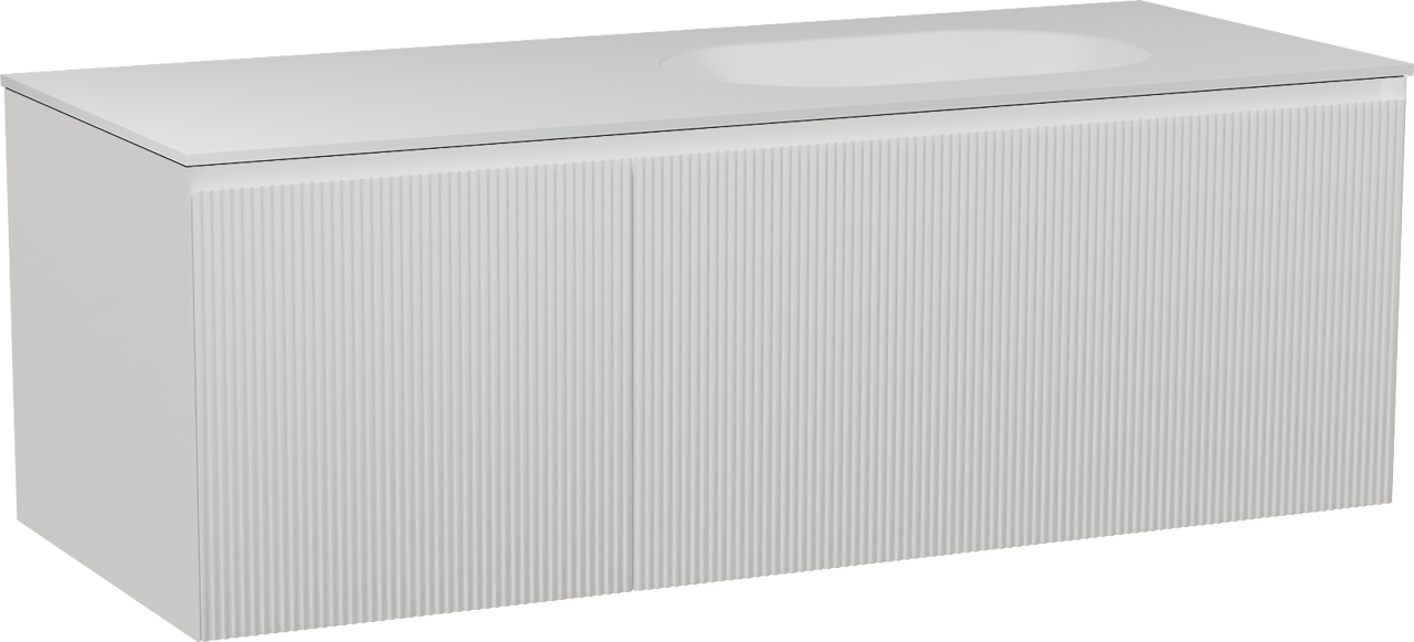 Balmani Fila by Mitra meuble salle de bains suspendu 135 x 55 cm blanc mat avec Tablo Oval plan vasque asymétrique à droite en solid surface blanc mat, Nervure droite symétrique verticale
