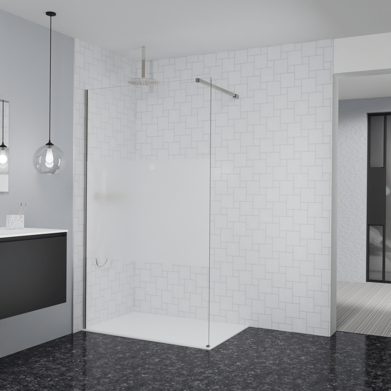 Balmani Modular Walk-In Dusche: 120 x 200 cm, Klarglas mit mattiertem Streifen, inklusive Coating, Profil Brushed CoolMetal