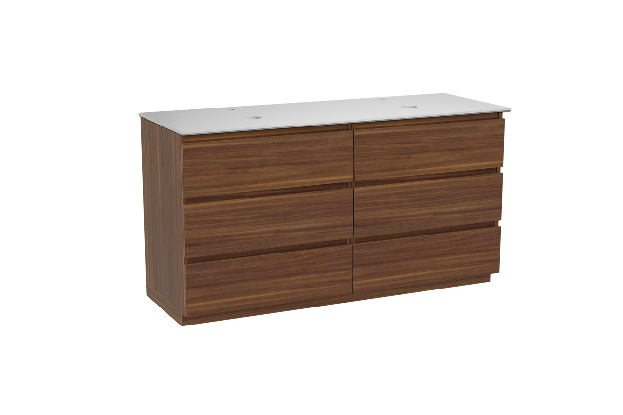 Balmani Lucida meuble salle de bains à poser 150 x 55 cm noyer américain avec Facetta tablette double en solid surface blanc mat